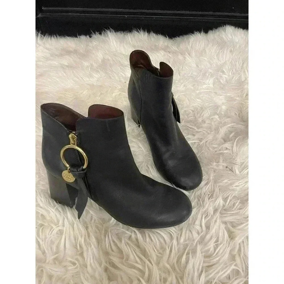 See by Chloe Boots Louise Block Heel Ankle Booties Black Leather Zip Size 37 7 - Picture 2 of 15